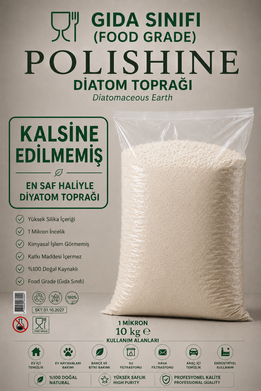 Diatom Toprağı %100/ Tahtakurusu, Bit ve Parazit Tozu Yürüyen Haşereler İçin/ Kalsine Edilmemiş 10kg 1 Mikron