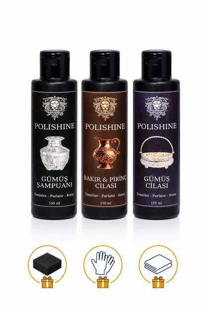 Gümüş ve Bakır Parlatma Seti Cila 150ml Şampuan 150ml Bakır Pirinç Krom Cilası 150ml