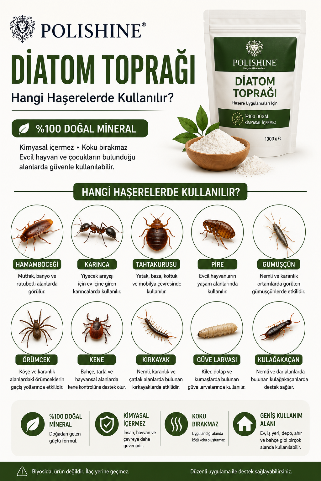 Diatom Toprağı %100/ Tahtakurusu, Bit ve Parazit Tozu Yürüyen Haşereler İçin/ Kalsine Edilmemiş 250gr 1 Mikron
